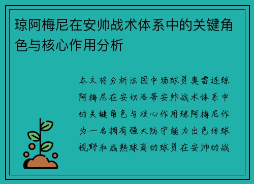 琼阿梅尼在安帅战术体系中的关键角色与核心作用分析